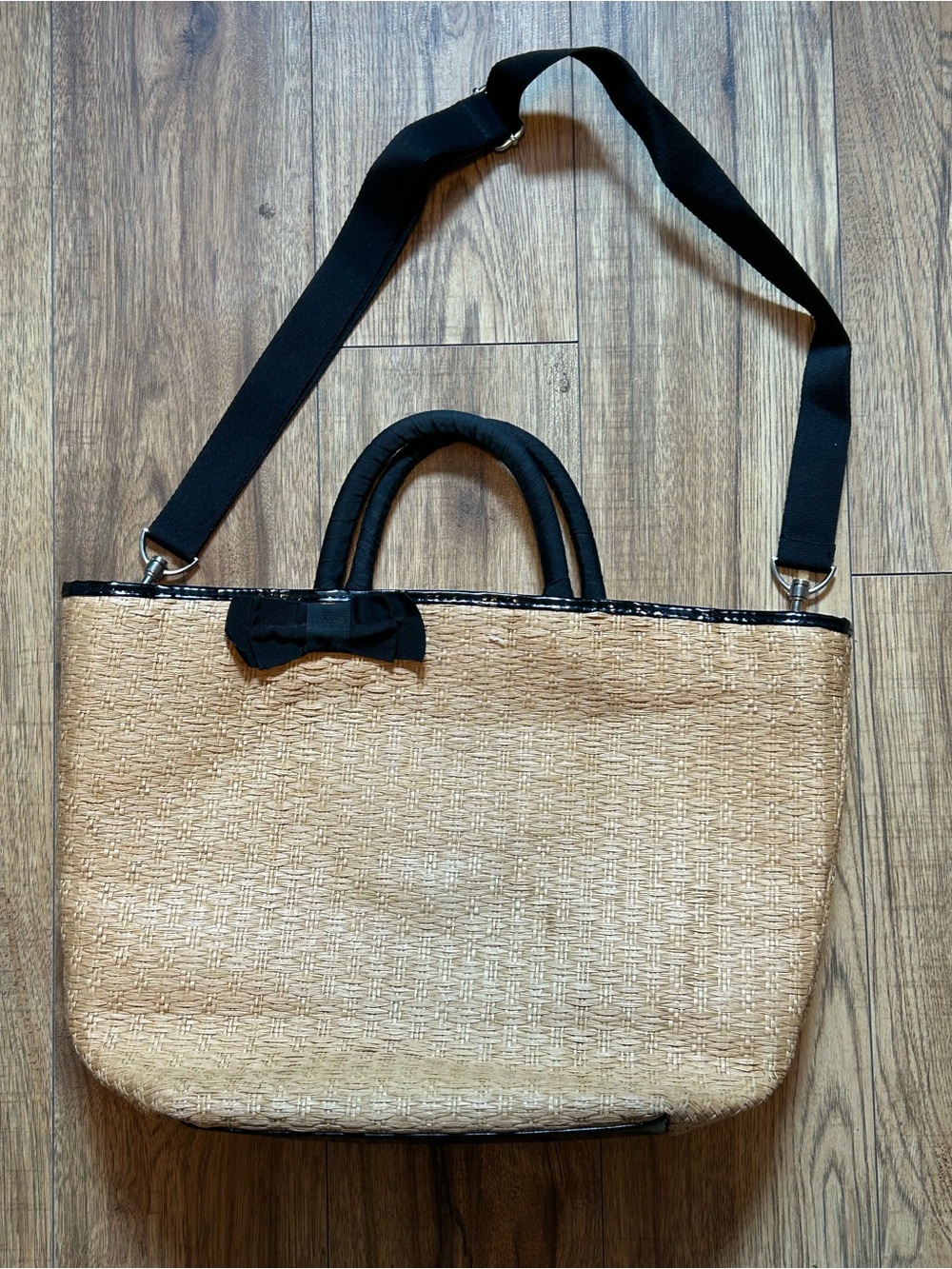 Straw Tote Bag with Black Trim and Bow